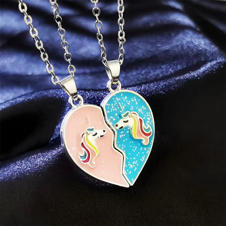 Lot de 2 Colliers D'amitié - Cœur Aimanté - BFF - Best Friends Forever - Licorne - Pendentif Paillette