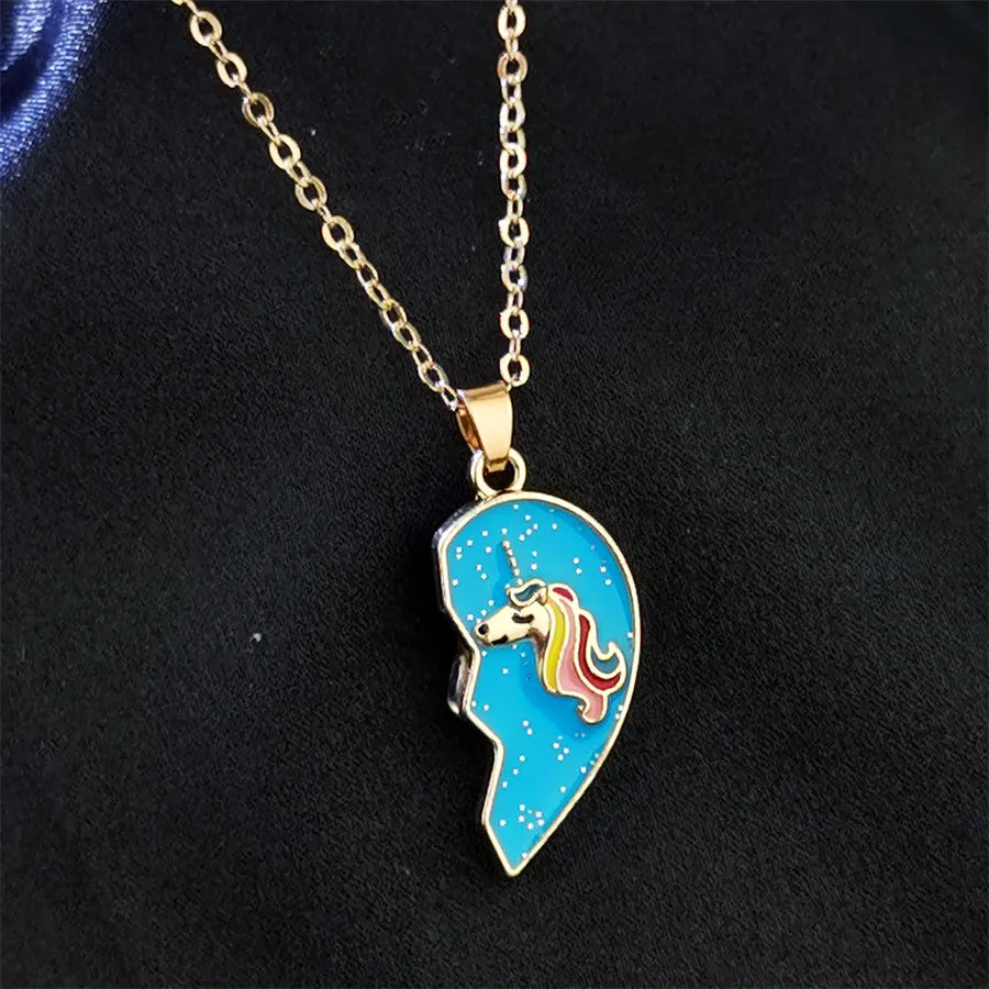 Lot de 2 Colliers D'amitié - Cœur Aimanté - BFF - Best Friends Forever - Licorne - Pendentif Paillette