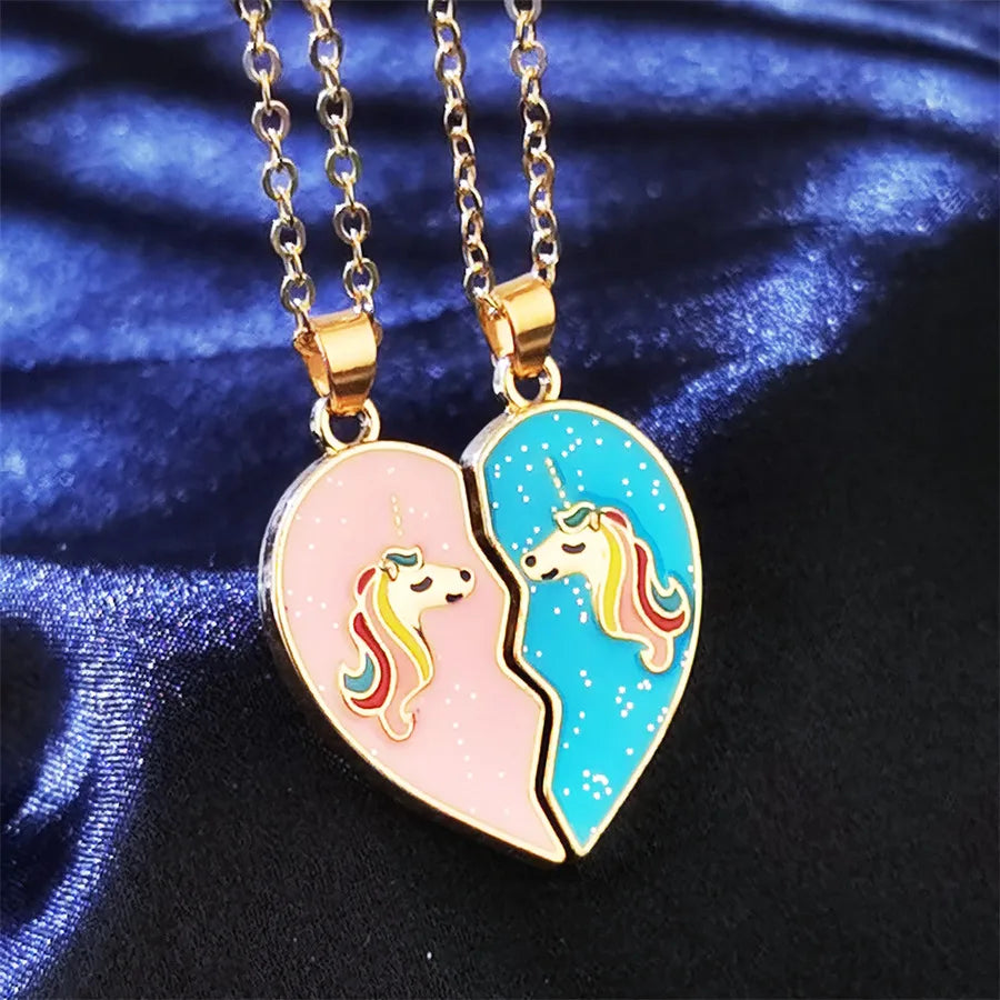 Lot de 2 Colliers D'amitié - Cœur Aimanté - BFF - Best Friends Forever - Licorne - Pendentif Paillette
