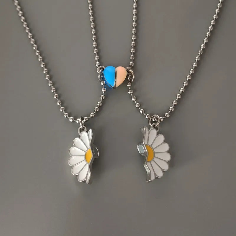 Lot de 2 Collier d'amitié Aimanté - Marguerite - Coeur Phosphorescent - BFF - Best Friends Forever - Acier Inoxydable