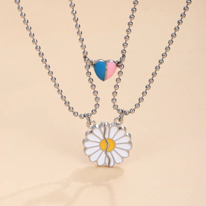 Lot de 2 Collier d'amitié Aimanté - Marguerite - Coeur Phosphorescent - BFF - Best Friends Forever - Acier Inoxydable
