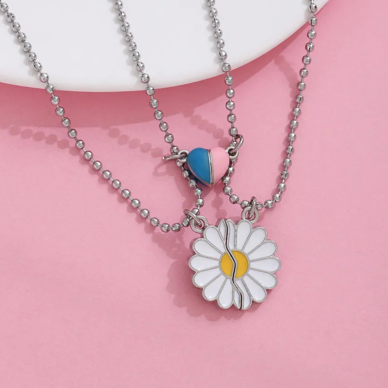 Lot de 2 Collier d'amitié Aimanté - Marguerite - Coeur Phosphorescent - BFF - Best Friends Forever - Acier Inoxydable