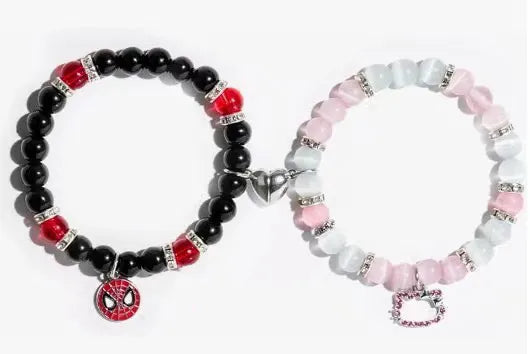 Lot de 2 Bracelets D'amitié Perles - Araignée Chat - Coeur Aimanté - BFF - Best Friends Forever - Amitié - Couple