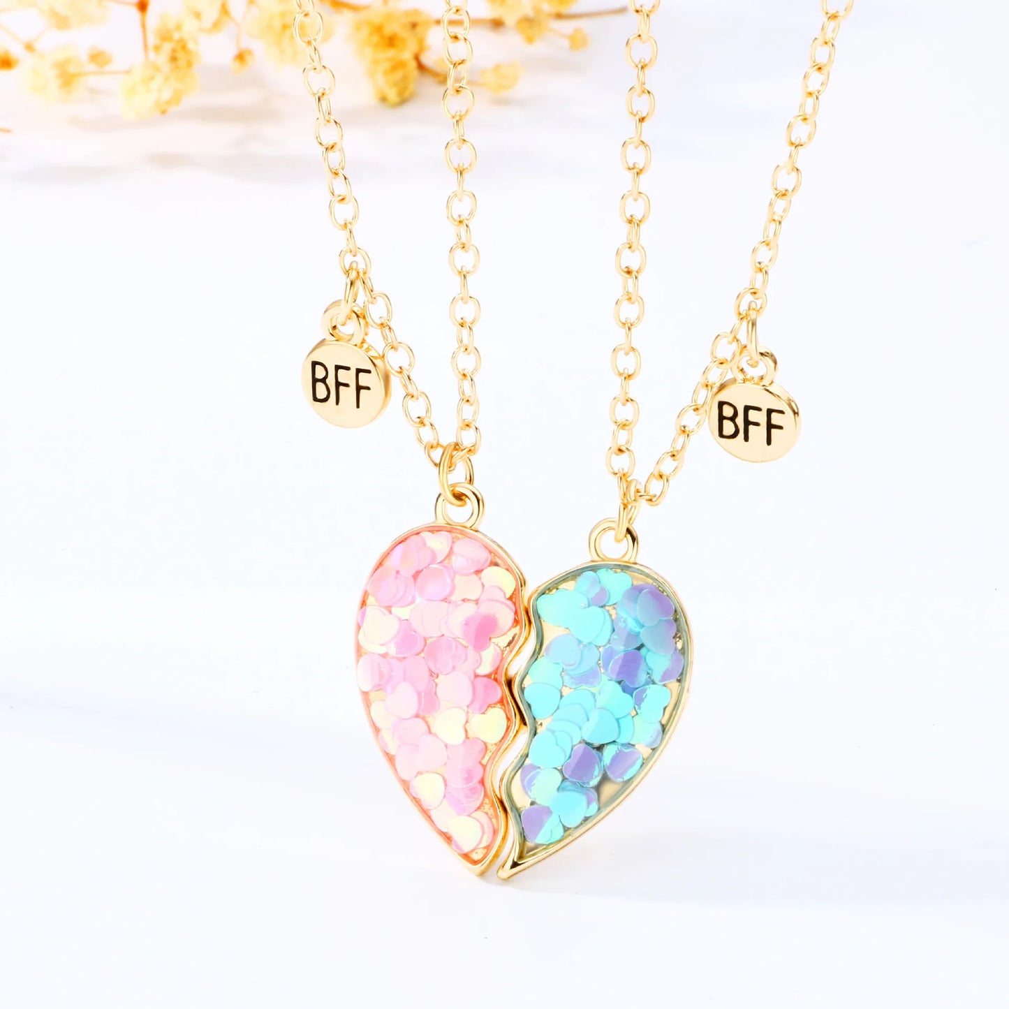 Lot de 2 Colliers D'amitié Aimanté - Coeur Paillettes - BFF - Best Friends Forever - Amitié - Pendentif Chaîne Doré Argenté