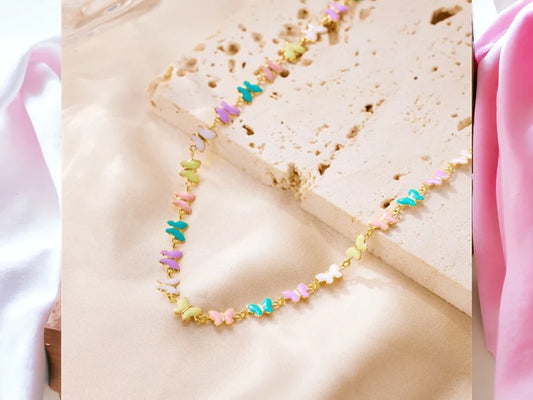 Collier Papillons Multicolore Pastel - Mignon - Acier Inoxydable