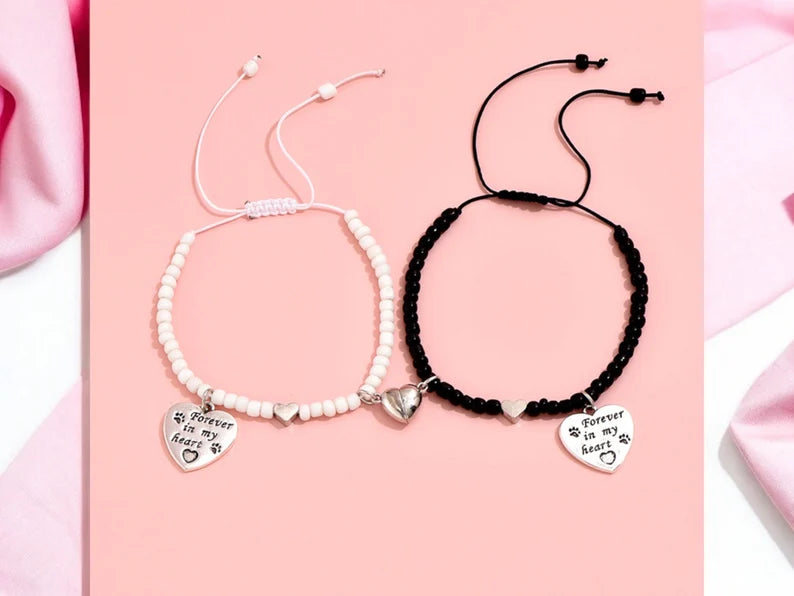 Set of 2 Adjustable Cord Bracelets Friendship Magnetic Heart Forever in My Heart - BFF Best Friends Forever - Fantasy - Beads