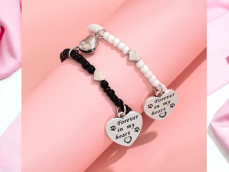 Set of 2 Adjustable Cord Bracelets Friendship Magnetic Heart Forever in My Heart - BFF Best Friends Forever - Fantasy - Beads