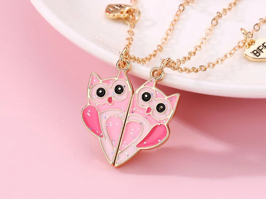 CHILD - Set of 2 Cute Pink Owl Heart Friendship Necklaces - BFF Best Friends Forever - Fantasy - Magnetic Pendant