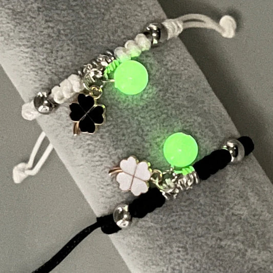 Set of 2 Adjustable Clover Friendship Cord Bracelets - BFF Best Friends Forever - Fantasy - Phosphorescent Pendant