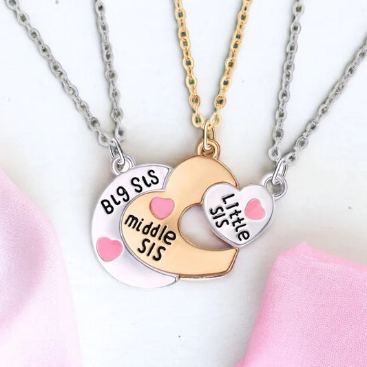 Set of 3 Chain Necklaces for Girls Sisters - Eldest Youngest Middle - Family Child Sister Girls - Fantasy - Puzzle Heart Pendant