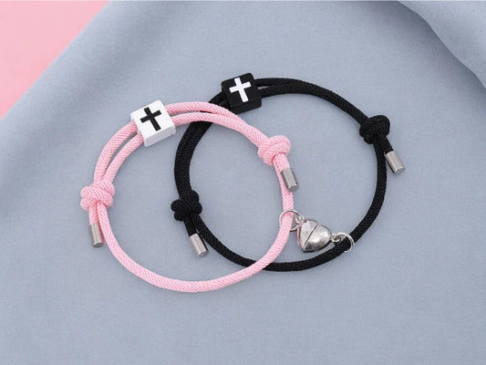 Set of 2 Adjustable Cord Bracelets Best Friends Cross - BFF - Fantasy - Magnetic Heart Pendant - Lovers - Couple