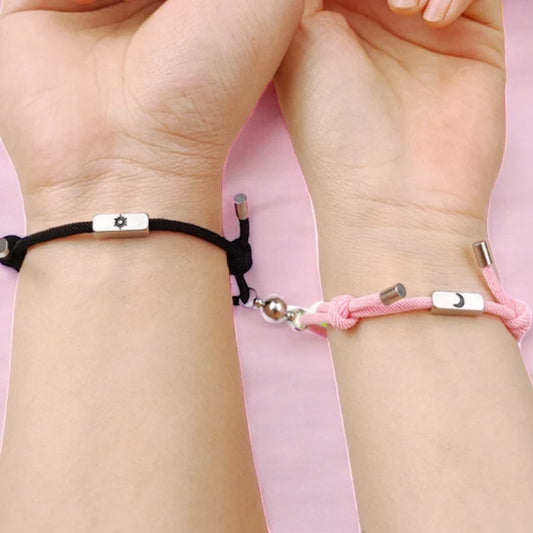 Set of 2 Adjustable Cord Bracelets Best Friends Friendship - BFF Best Friends - Fantasy - Magnetic Ball Pendant - Lovers - Couple