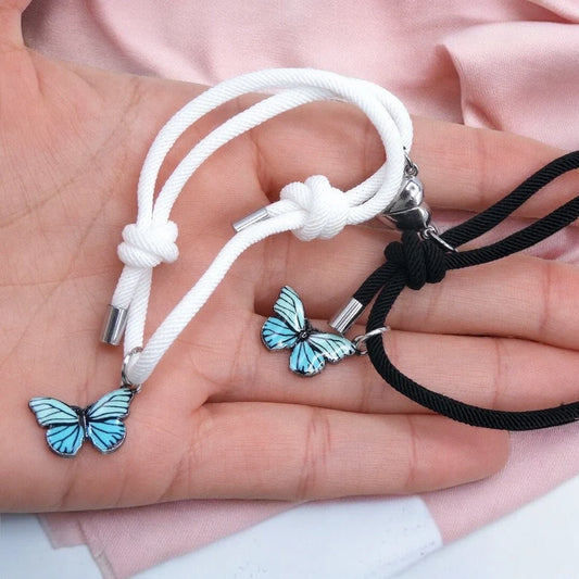 CHILD - Set of 2 Adjustable Butterfly Friendship Cord Bracelets - BFF Best Friends Forever - Fantasy - Magnetic Pendant