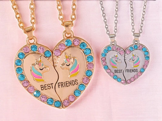 Lot de 2 Colliers D'amitié - Coeur Licornes - BFF - Best Friends Forever - Fantaisie - Pendentif et Chaine Argenté ou Doré - Amitié