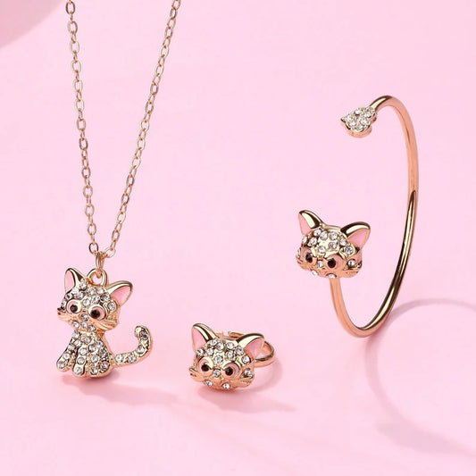 Parure 3 pièces avec Carte - Collier Bracelet Bague - Chat Chaton - Fantaisie - Amoureux des Chats - Mignon Doré Strass