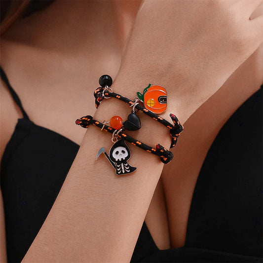 Set of 2 Pumpkin Grim Reaper Friendship Elastic Cord Bracelets - Pumpkin Skull - BFF Best Friends - Halloween Heart Magnetic Pendant