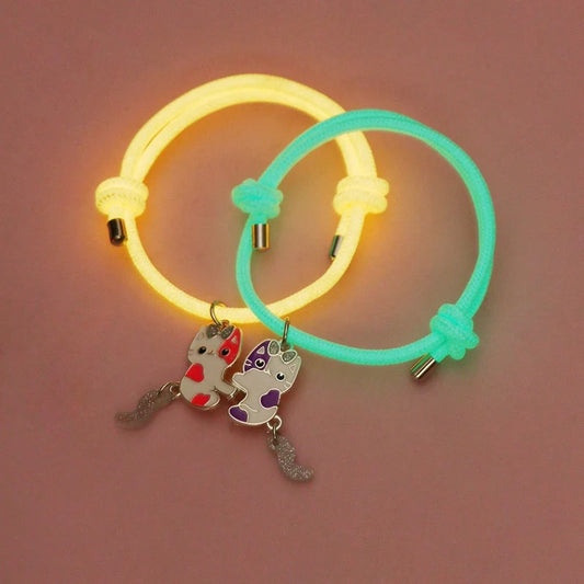 CHILD - Set of 2 Adjustable Friendship Cord Bracelets Little Cat - BFF Best Friends Forever - Fantasy - Phosphorescent Magnetic Pendant