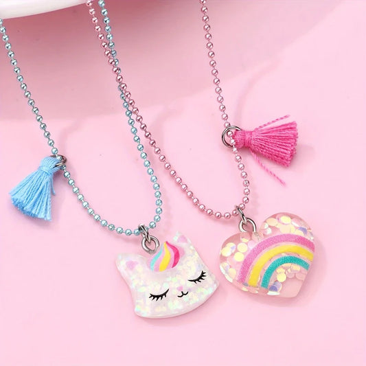 Lot de 2 Colliers D'amitié - Chat Licorne Coeur - BFF - Best Friends Forever - Amitié - Pendentif Résine Arc en Ciel