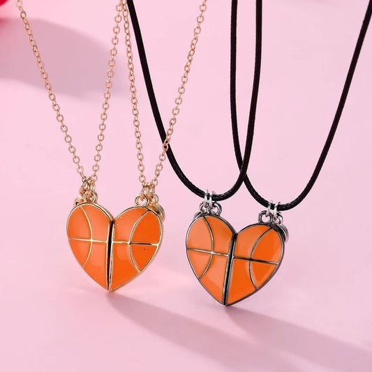 Set mit 2 Ketten, Freundschaftshalsketten, Herz-Basketball – BFF, beste Freunde für immer – Fantasie – magnetisierter Pärchen-Liebhaber-Anhänger