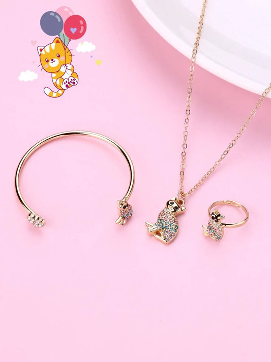 Parure 3 pièces avec Carte - Collier Bracelet Bague - Chat Chaton - Fantaisie - Amoureux des Chats - Mignon Doré Strass